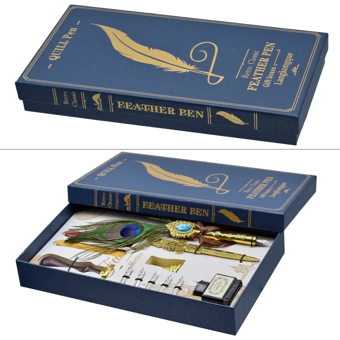 Premium Peacock Feather Fountain Pen Gift Box Set