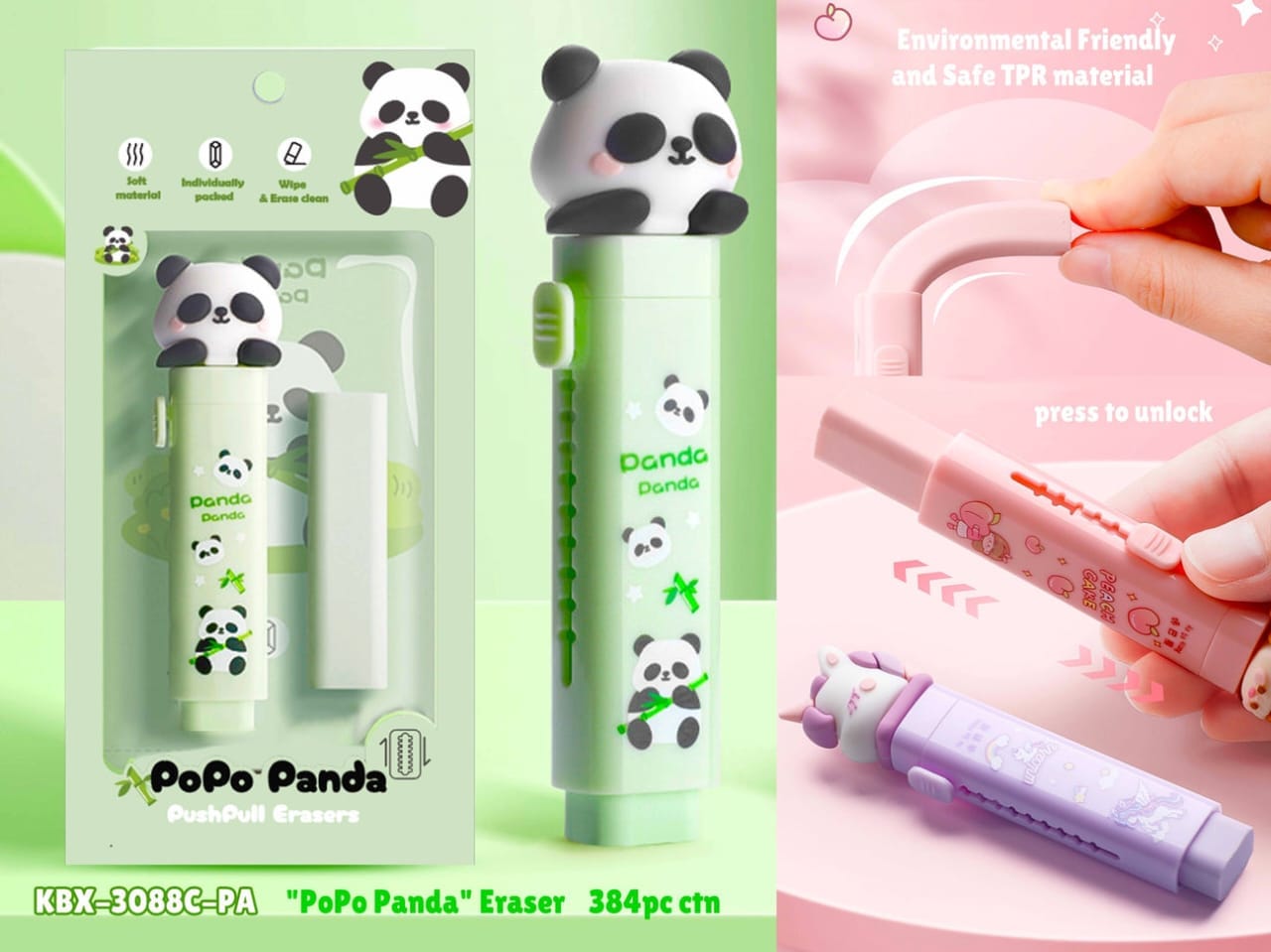 Bright International Erasers & Sharpeners Panda Pushpull Mechanical Rubbers with 1 Pcs Refill Erasers for Kids Students, Stationery Gift for Kids, Return Gift for Kids (assorted color)