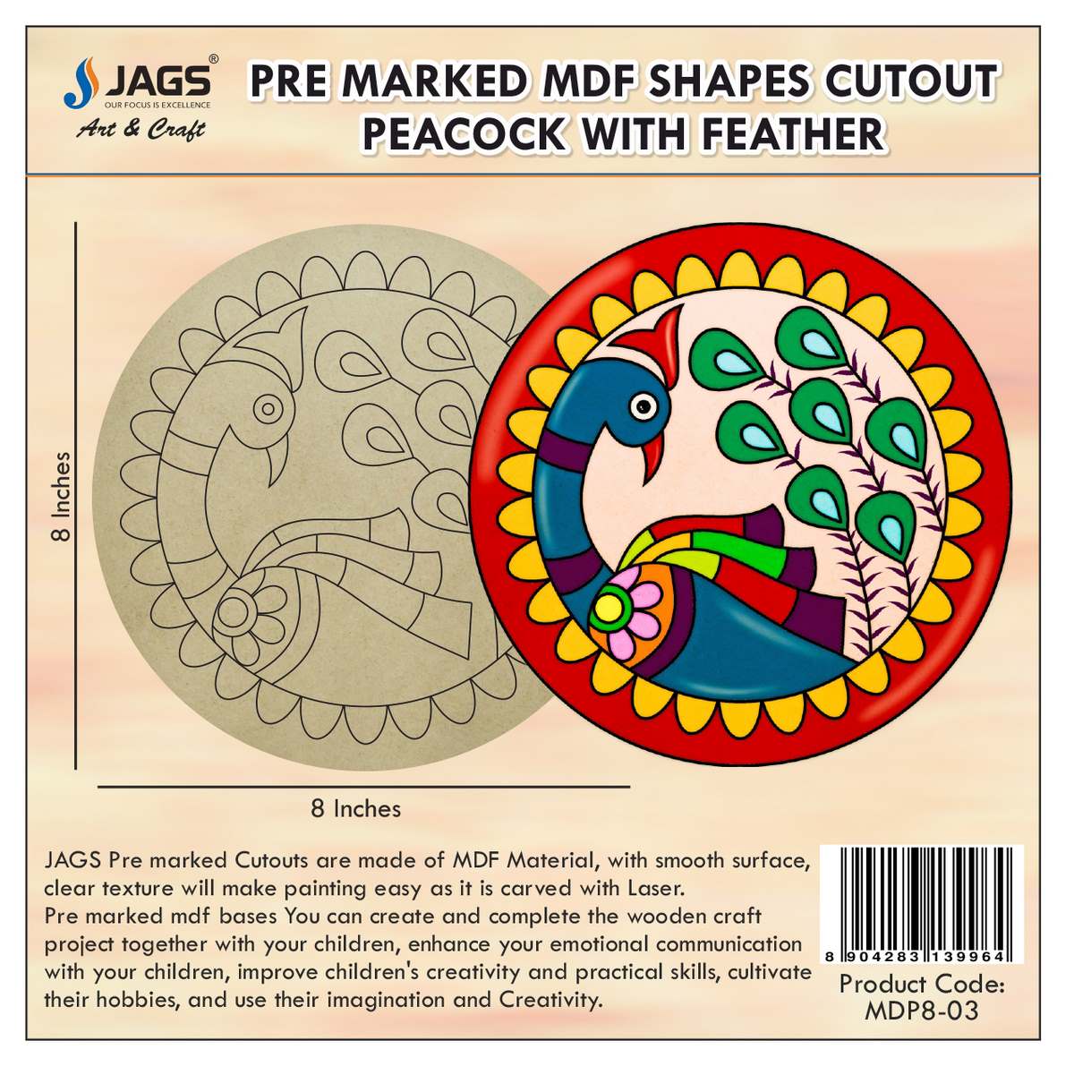 jags-mumbai MDF Pre-marked MDF Peacock Shapes Cutout with Feather for DIY Crafts, Pichwai painting