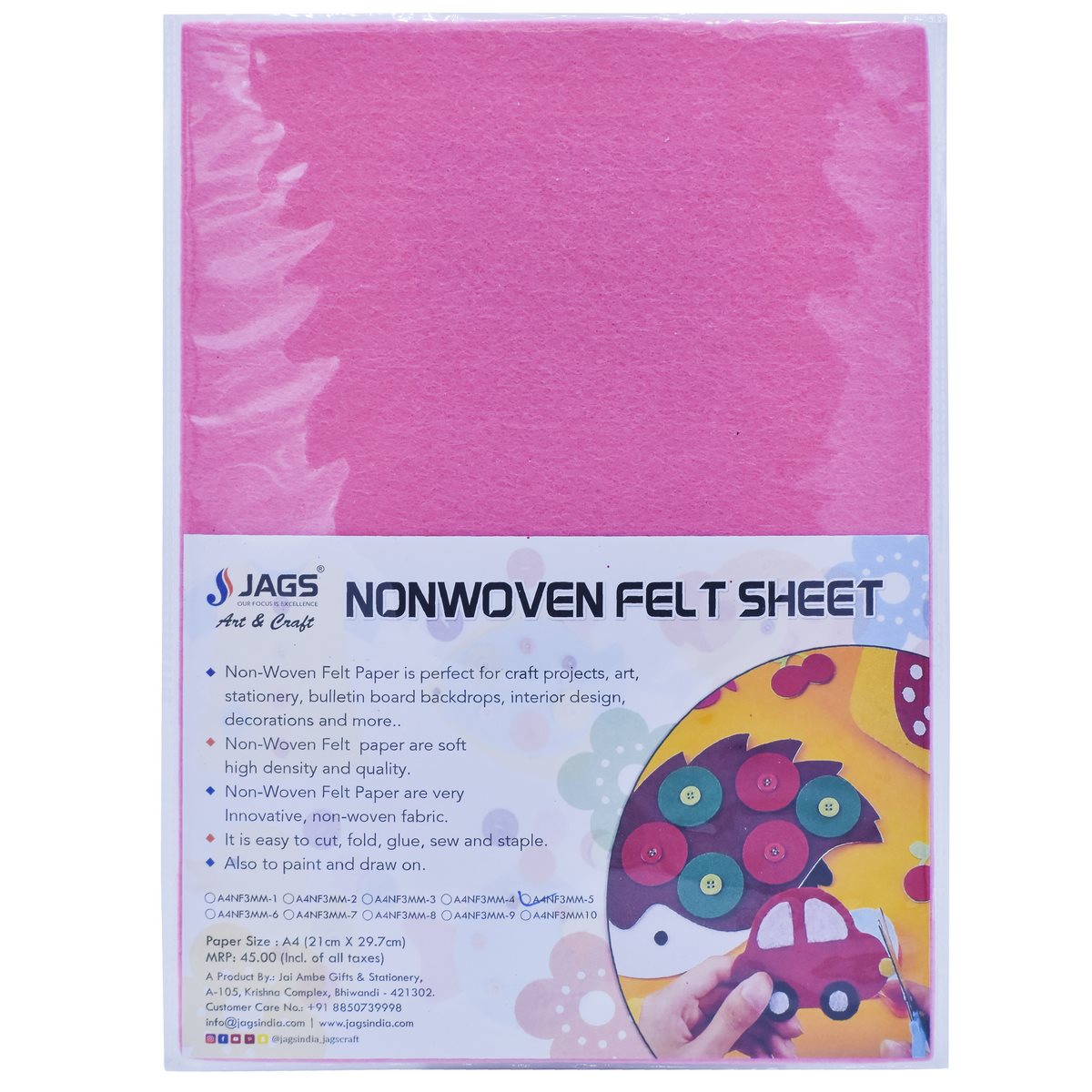 jags-mumbai Non-Woven & Felt Sheets A4 Nonwoven Felt Sheet 3 MM 1 Pcs Baby Pink