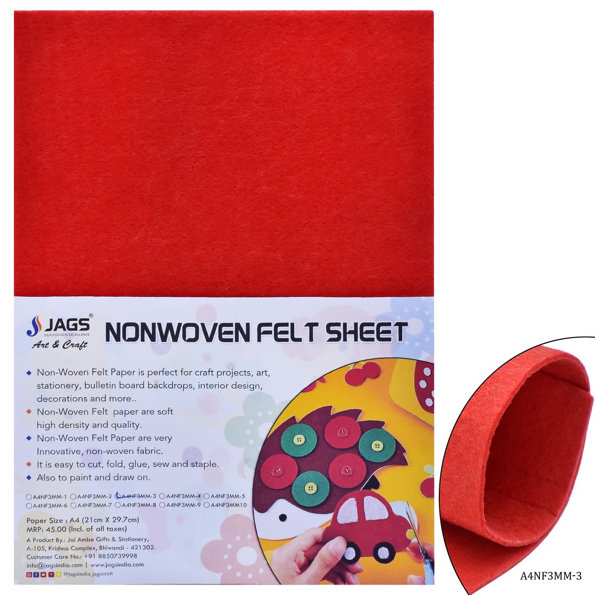 jags-mumbai Non-Woven & Felt Sheets A4 Nonwoven Felt Sheet 3 MM 1 Pcs Red
