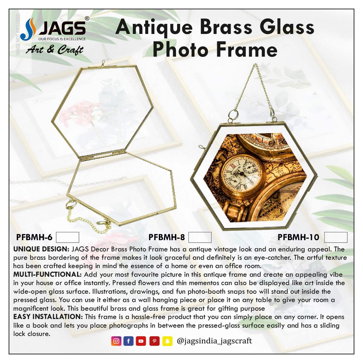 jags-mumbai Photo Frame Photo Frame Brass Glass Hexagoan 8Inch