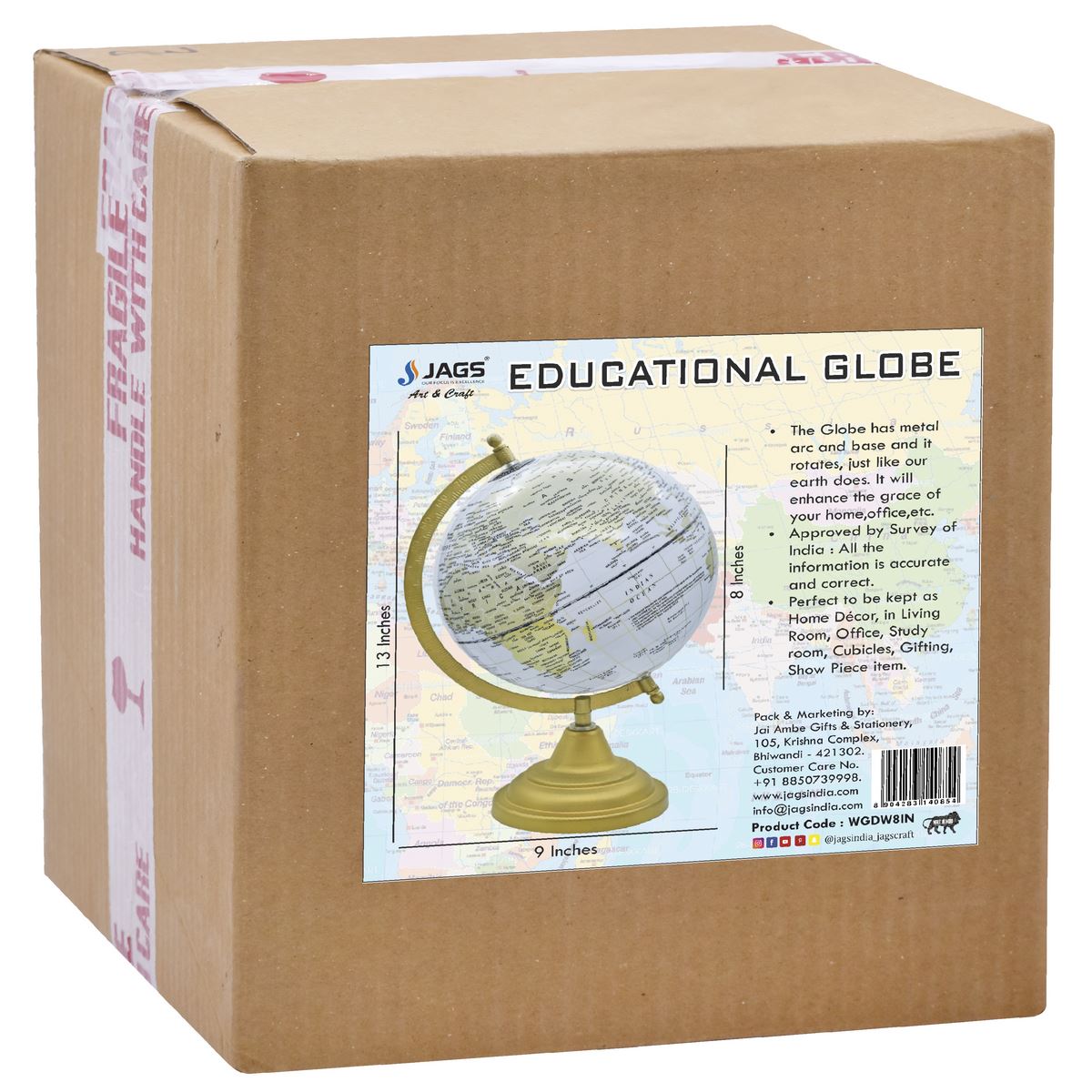 jags-mumbai World Globe World Globe Decosative White Matel Base 8 Inch