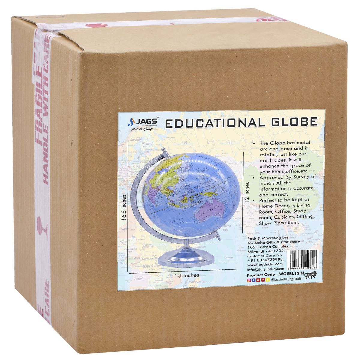 jags-mumbai World Globe World Globe Educational Blue Silver Base 12 Inch WGEBL12IN