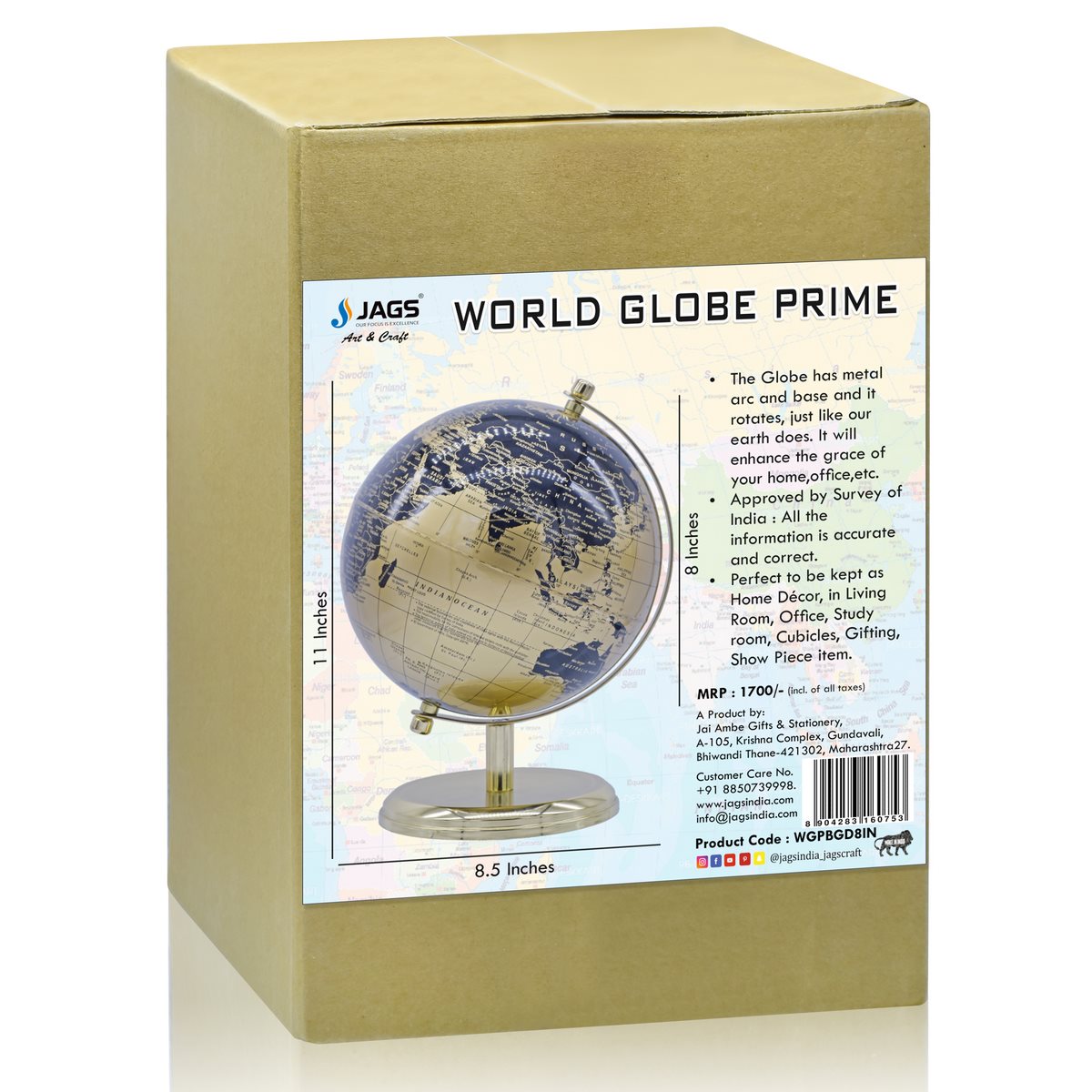 jags-mumbai World Globe World Globe Prime 8 Inch Black Gold WGPBGD8IN