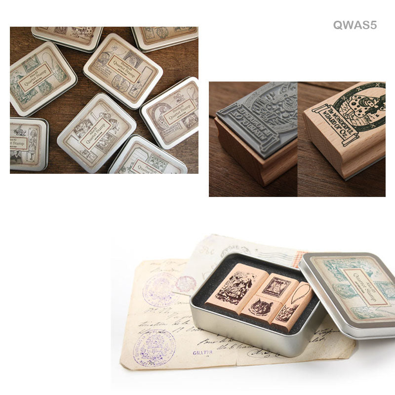 MG Traders Stamps Ink Pad & Block Qwas5 Quartet Wooden Antique Stamp 4Pc