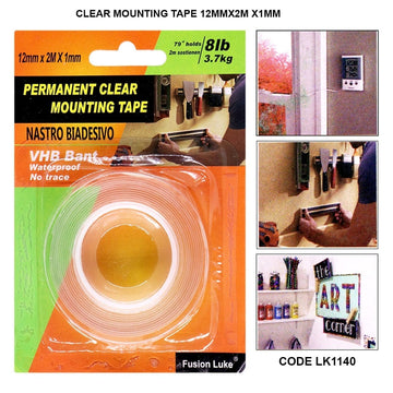 Transparent Mounting Tape - Strong Adhesive for Secure and Invisible Mounting, 12mm x 2m x 1mm
