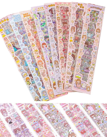 Cute Cartoon Theme Kawaii Stickers - 20 PET Sheets Cute Washi Stickers for Project, Japanese Style Girls Sticker Set, Size of Each Sheet - 20 X 8 CM (Color and Design May Vary)