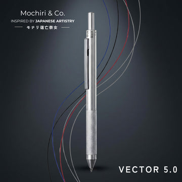 Mochiri & Co. Japan inspired VECTOR 5 | Matte Silver 4-in-1 Multi-Function Writing Instrument | 3 Ink Colours + 0.5mm Pencil