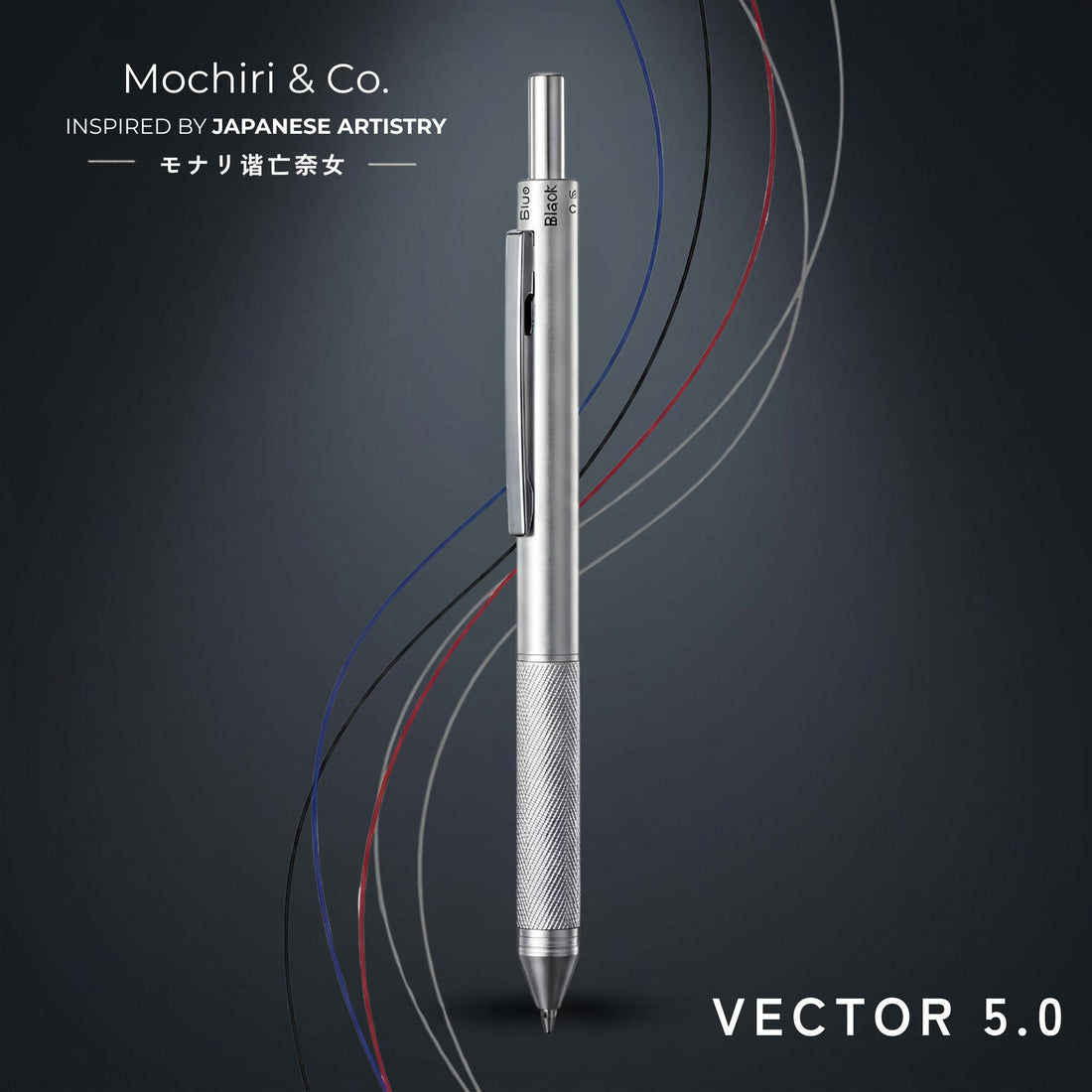 Mochiri & Co. Japan inspired VECTOR 5 | Gloss Steel 4-in-1 Multi-Function Writing Instrument | 3 Ink Colours + 0.5mm Pencil