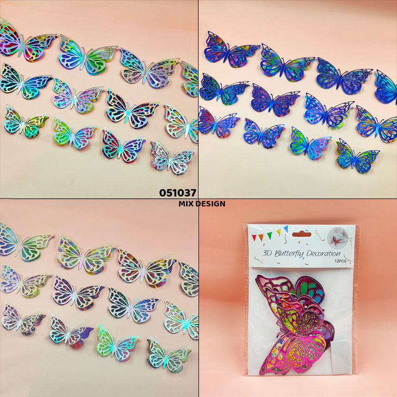 3D Butterfly Metallic Glitter Stickers - Pack of 12