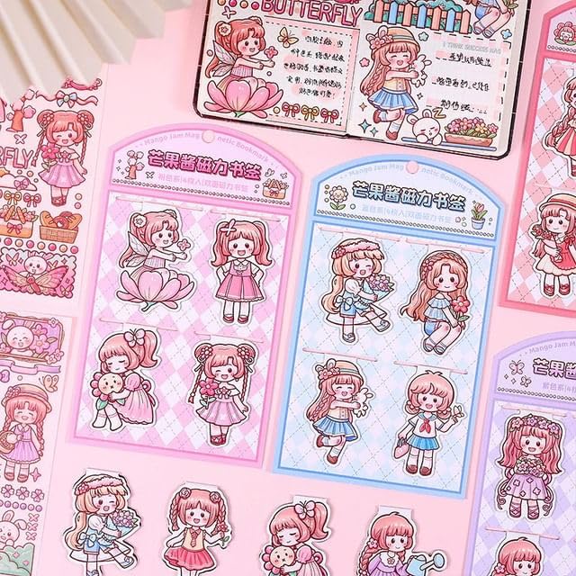 Kawaii Stationery Set – Magnetic Bookmark and Cute Kawaii Sticker, Magnet Book Clip for Students, Decorative Bookmarks, Self-Adhesive Kawaii Sticker for Girls