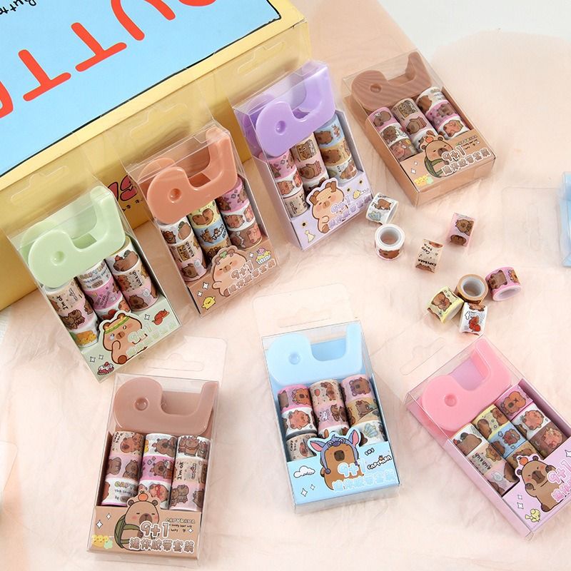 Cute Capybara Mini washi tape with mini dispenser l Pack of contains 9 washi tape & 1 dispenser