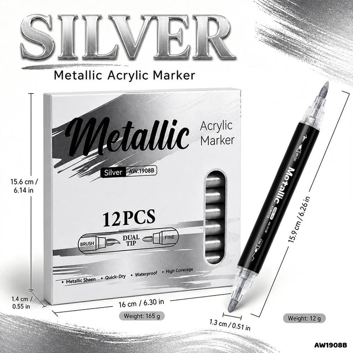 Marker Pen I Dual Tip Silver Metallic Acrylic I Pack of 12