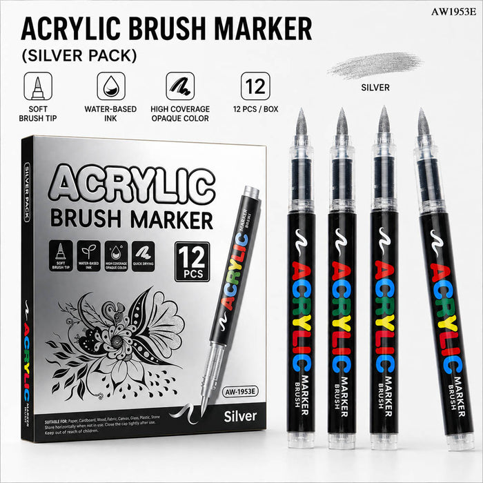 Marker Pen I Acrylic Brush Silver I Pack of 12