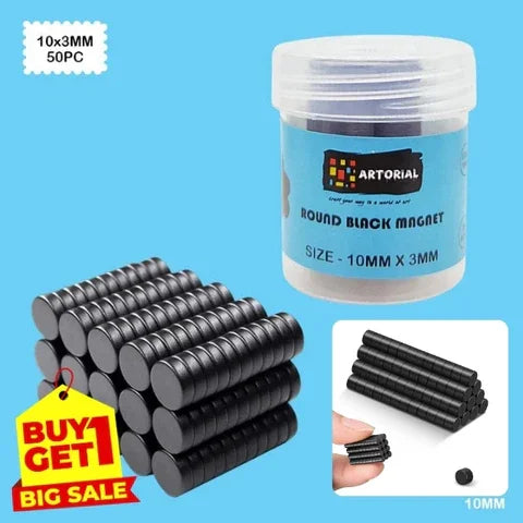 (Buy 1 Get 1 Free) Black 10x3mm Round Magnets | Pack of 50 | Strong Craft & DIY Magnets