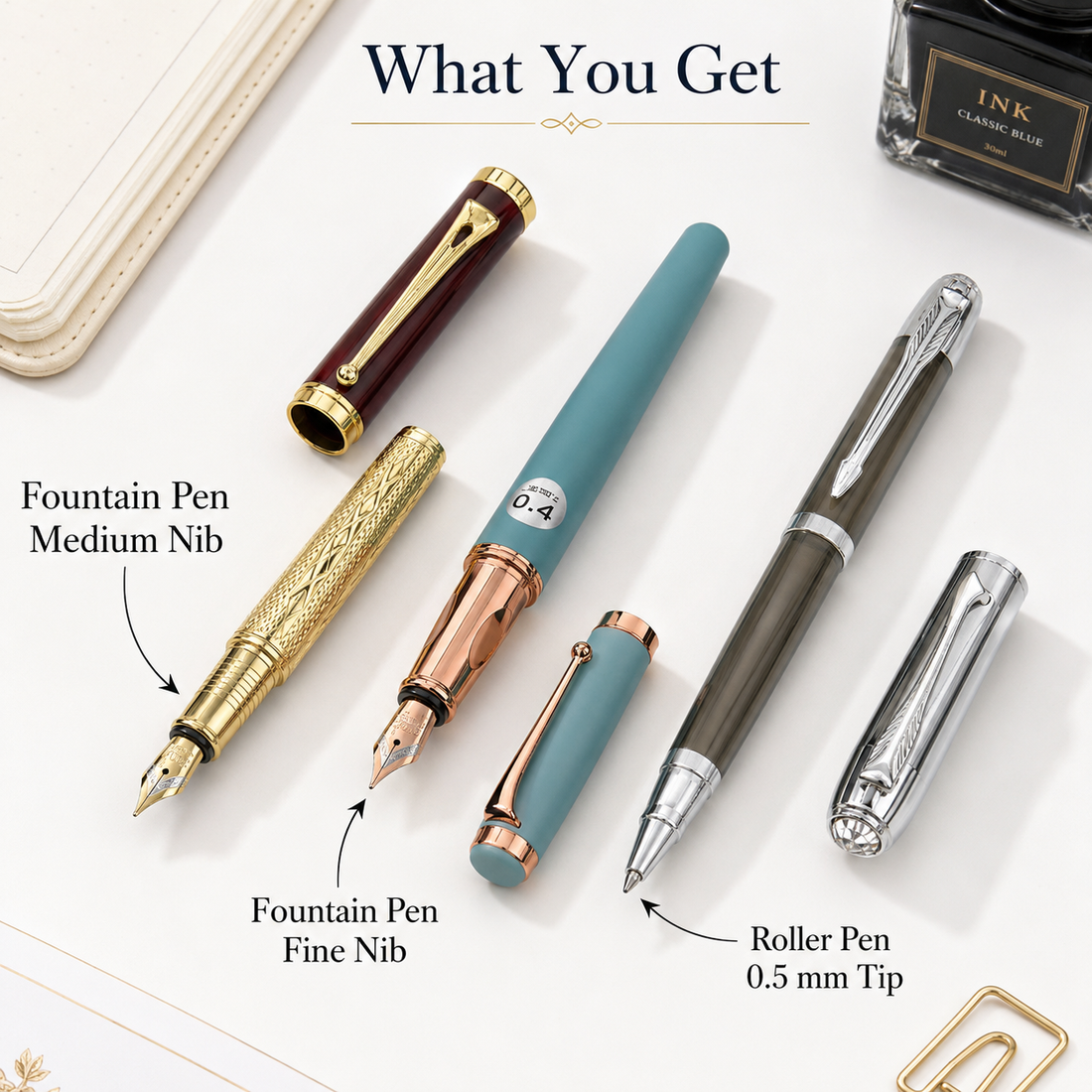 The Royale Fusion Quad | Fountain & Roller Pen Combo | Luxury Writing Set | Pack of 3 Pens