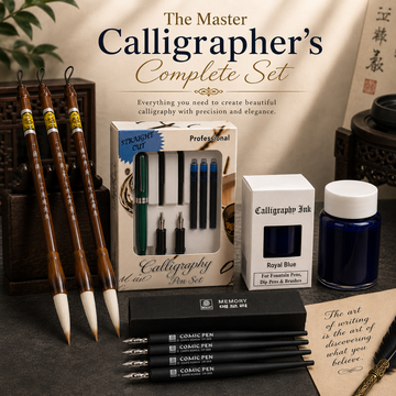 The Master Calligrapher's Complete Set | 6-Nib Click Set + Straight Lines Set + Royal Blue Ink + 3-Pc Brush Set | Pro Bundle