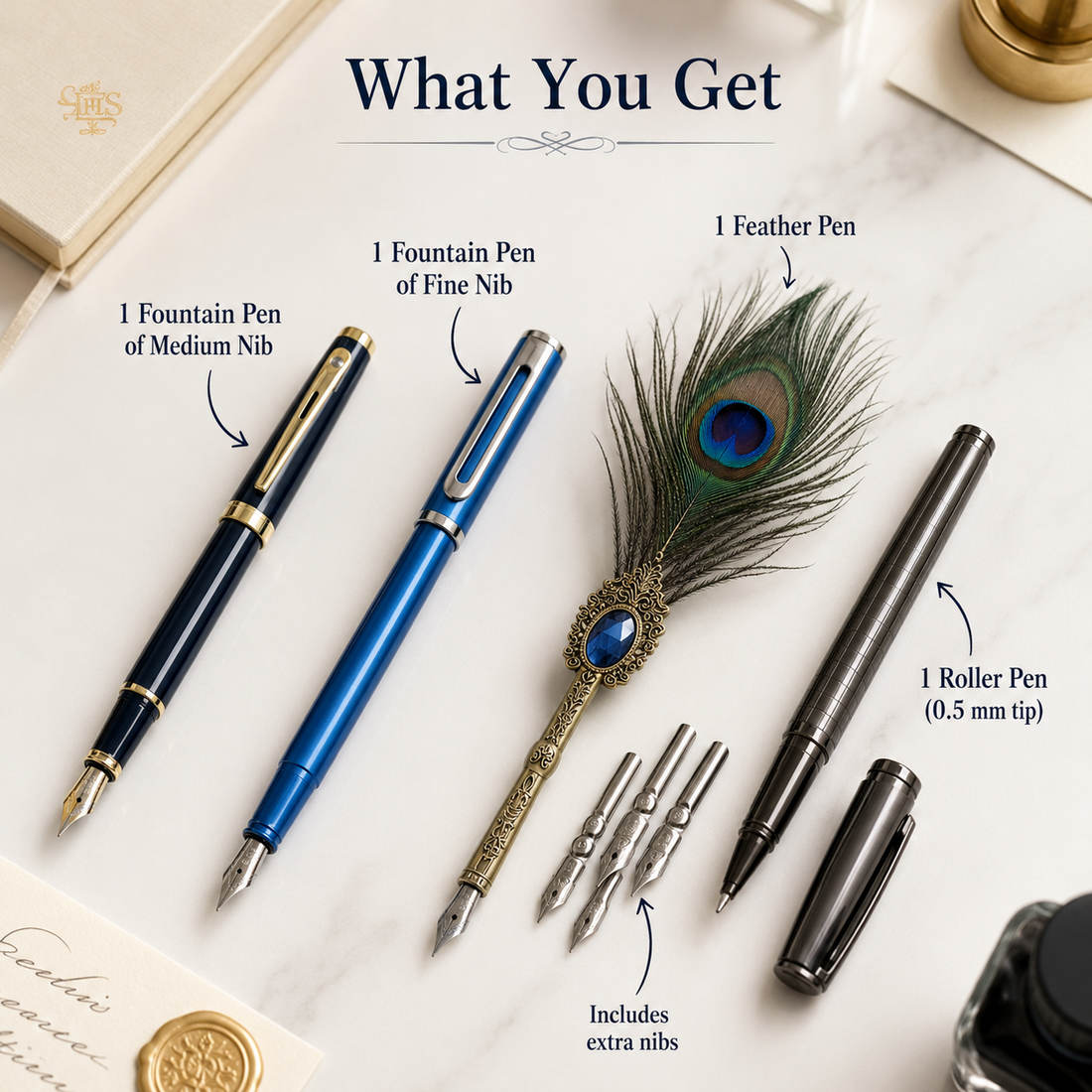 The Collector's Edition Quad | Fountain & Roller Pen Combo | Signature Writing Set | Pack of 4 Pens