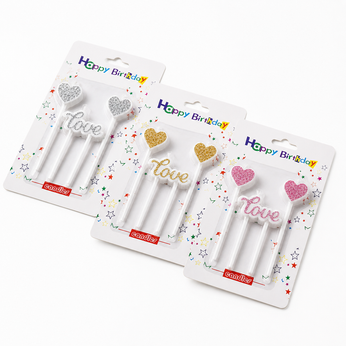 3pc Heart Glitter Love Candles – Assorted Colors