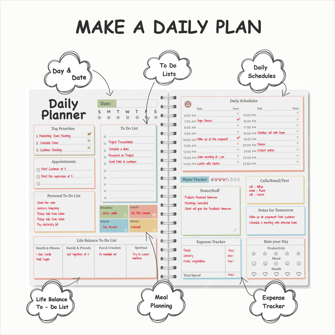 Daily Planner, Mood + Productivity + Expense (Free Sticker Sheets) for 2025