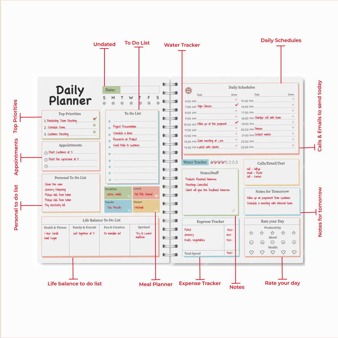 Daily Planner, Mood + Productivity + Expense (Free Sticker Sheets) for 2025