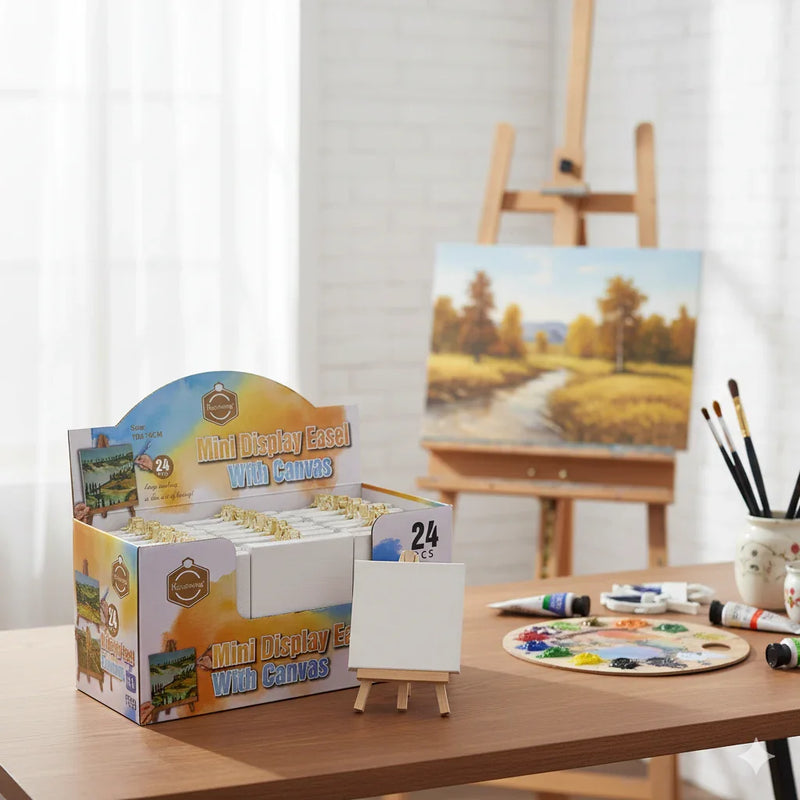 Mini White Canvas with Wooden Easel (10x10cm) | contains 1 easel & 1 canvas