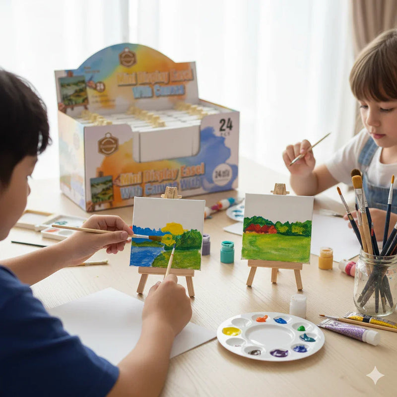 Mini White Canvas with Wooden Easel (10x10cm) | contains 1 easel & 1 canvas