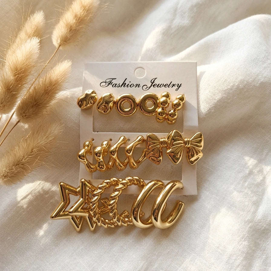 Korean Inspired Golden Tone Statement Earring Set | Anti-Tarnish | Minimal Luxe Collection | Pack of 9
