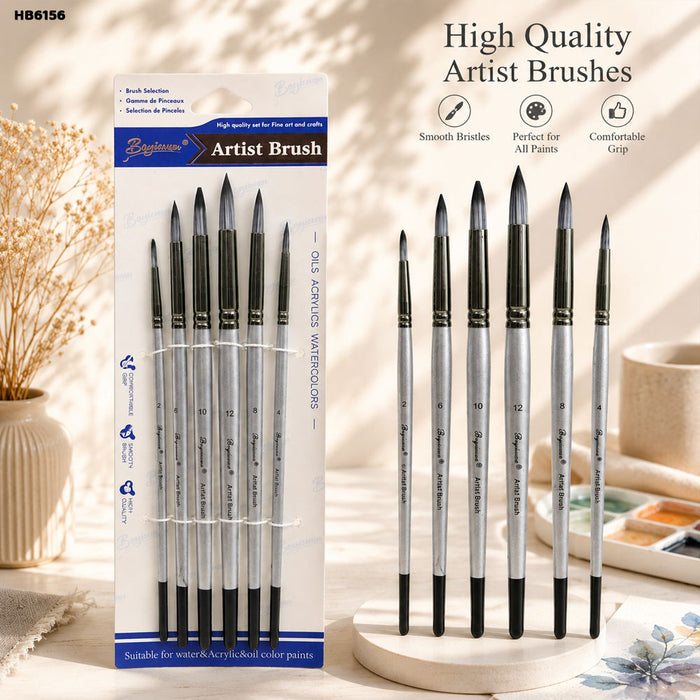 Round Paint Brush Set with Silver Handle - 6 Pcs