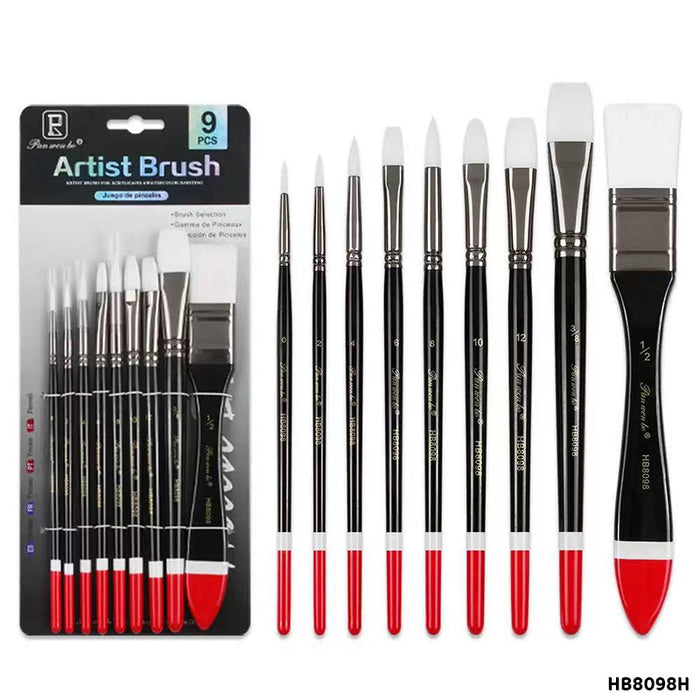Paint Brush Set with Black Handle - 9 Pcs for Acrylic & Watercolour