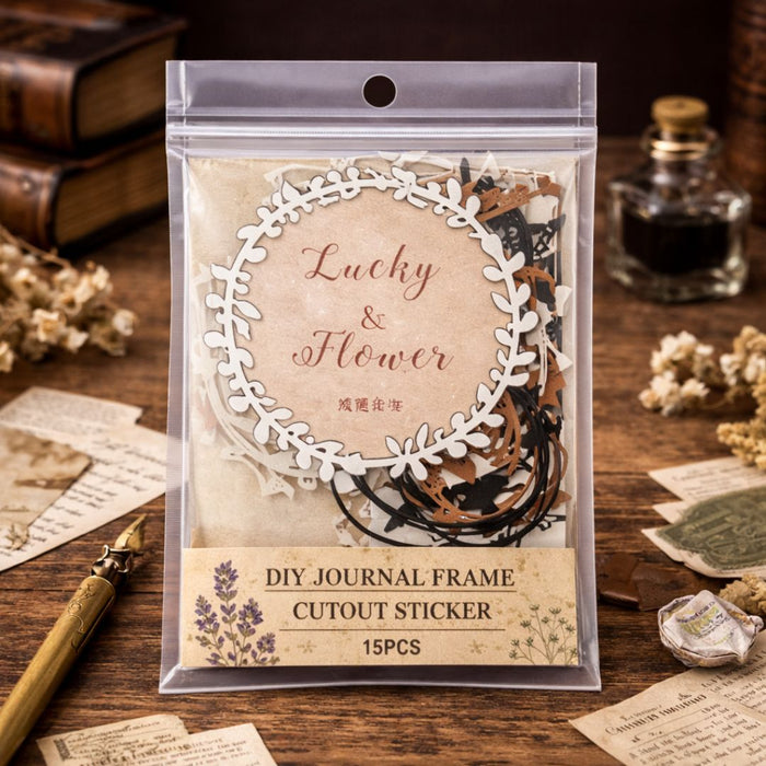 Vintage Floral Frame Stickers – DIY Journal & Scrapbook Cutout Decor (15 PCS) | Pack of 1