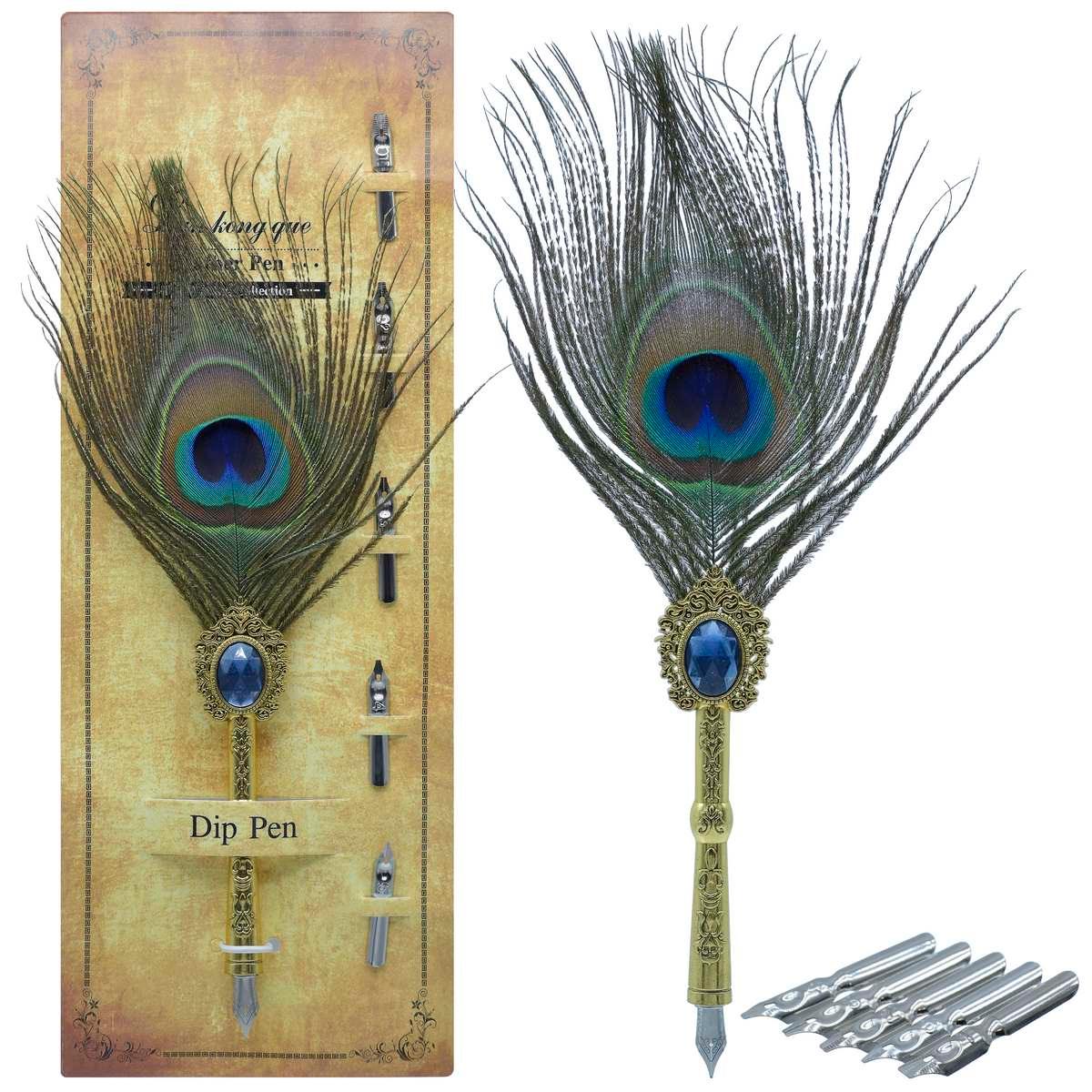 Premium Feather Peacock Fountain Pen With 5 nips l Pack of 1 pen