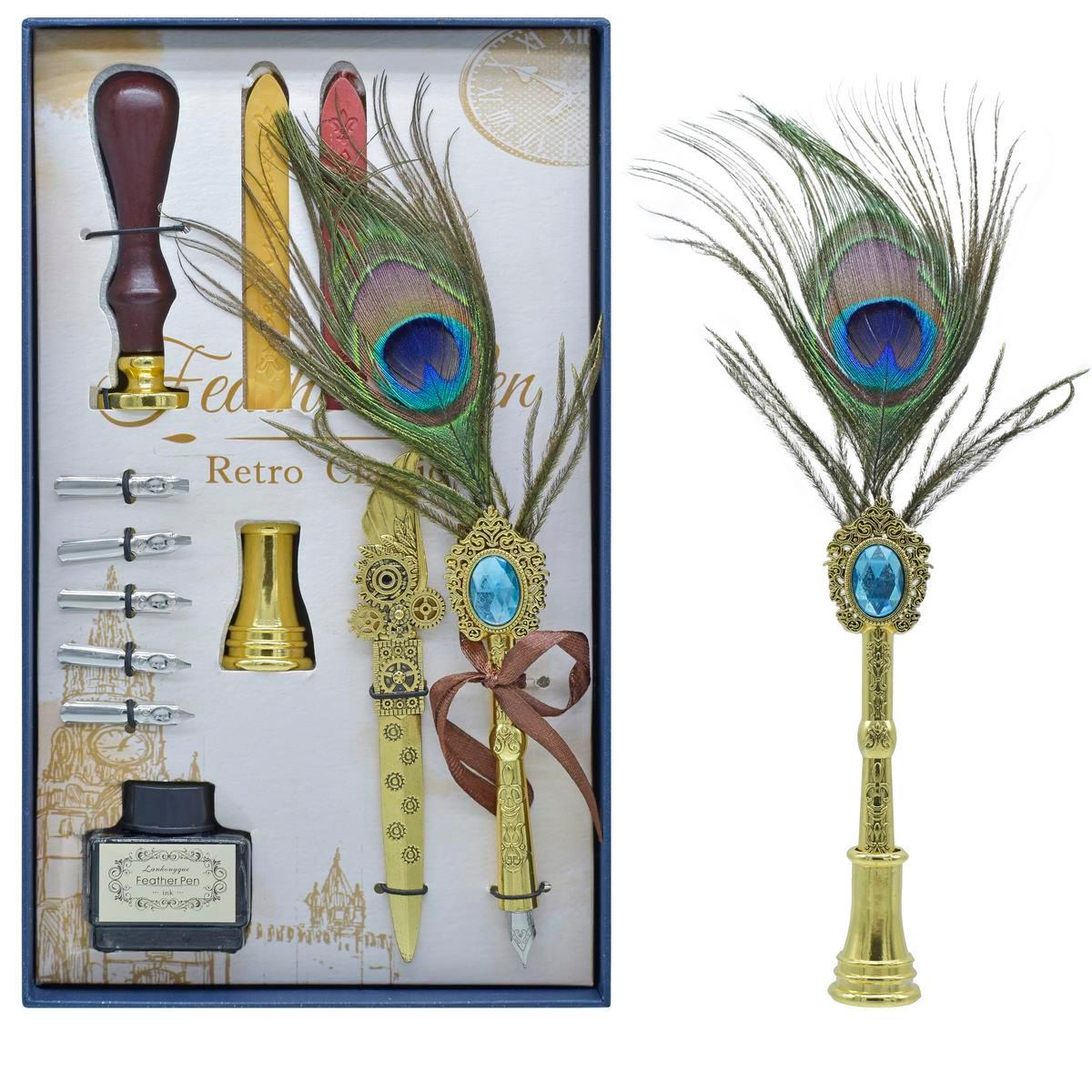 Premium Peacock Feather Fountain Pen Gift Box Set