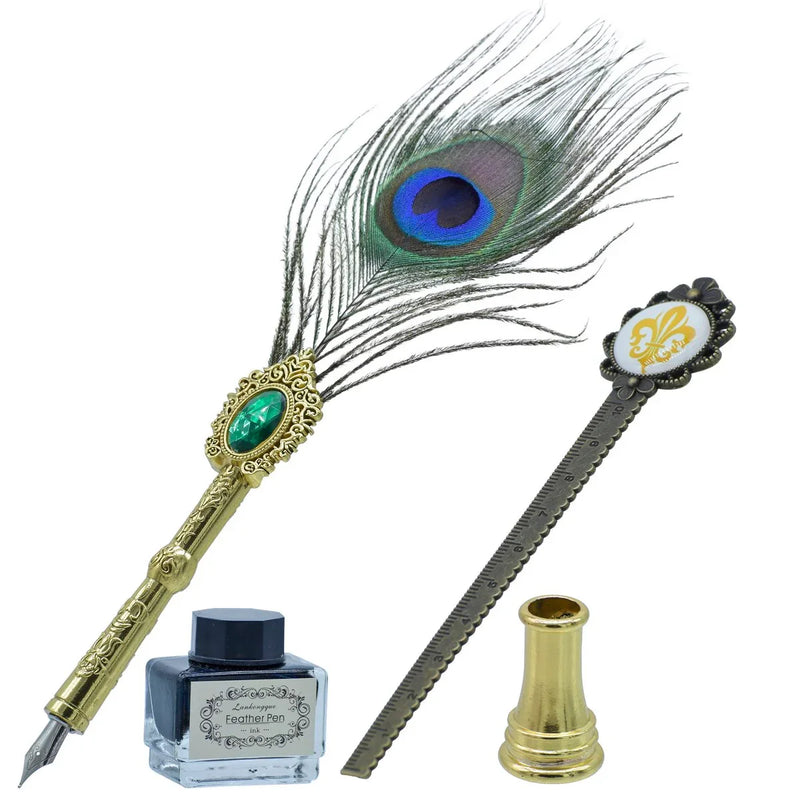 Premium Peacock Feather Fountain Pen Gift Box l Set Of 4Pics l