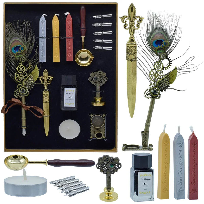 Premium Peacock Feather Fountain Pen Gift Box Set Of 15 Pics