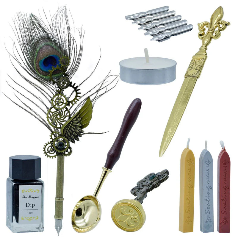 Premium Peacock Feather Fountain Pen Gift Box Set Of 15 Pics