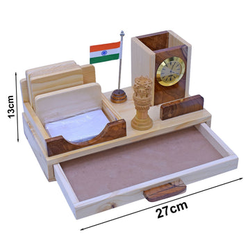 Wooden Desk Organizer With Flag, Clock and Drawer 27 cm