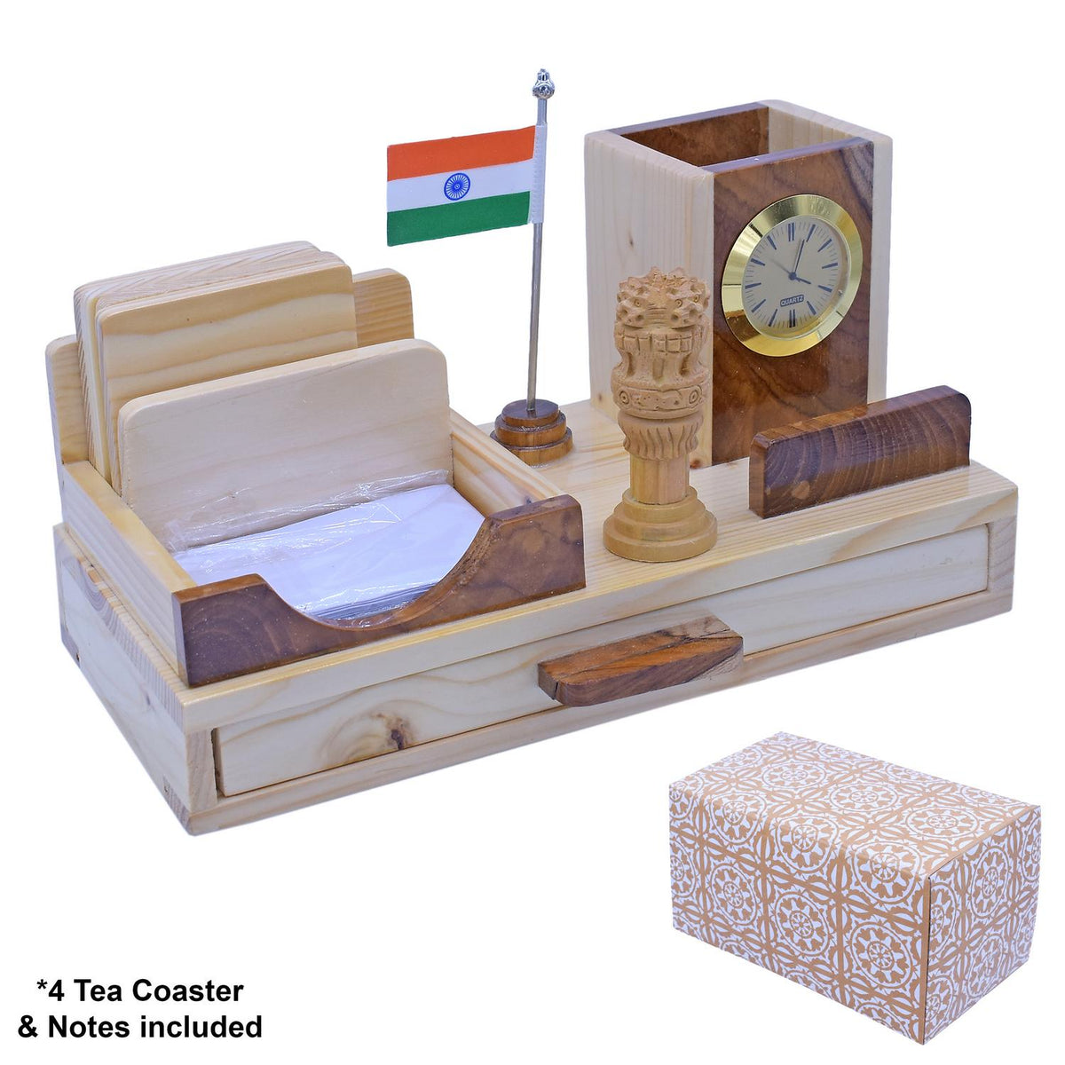 Wooden Desk Organizer With Flag, Clock and Drawer 27 cm view 2