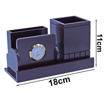 Wooden Pen Stand With Clock 18 cm