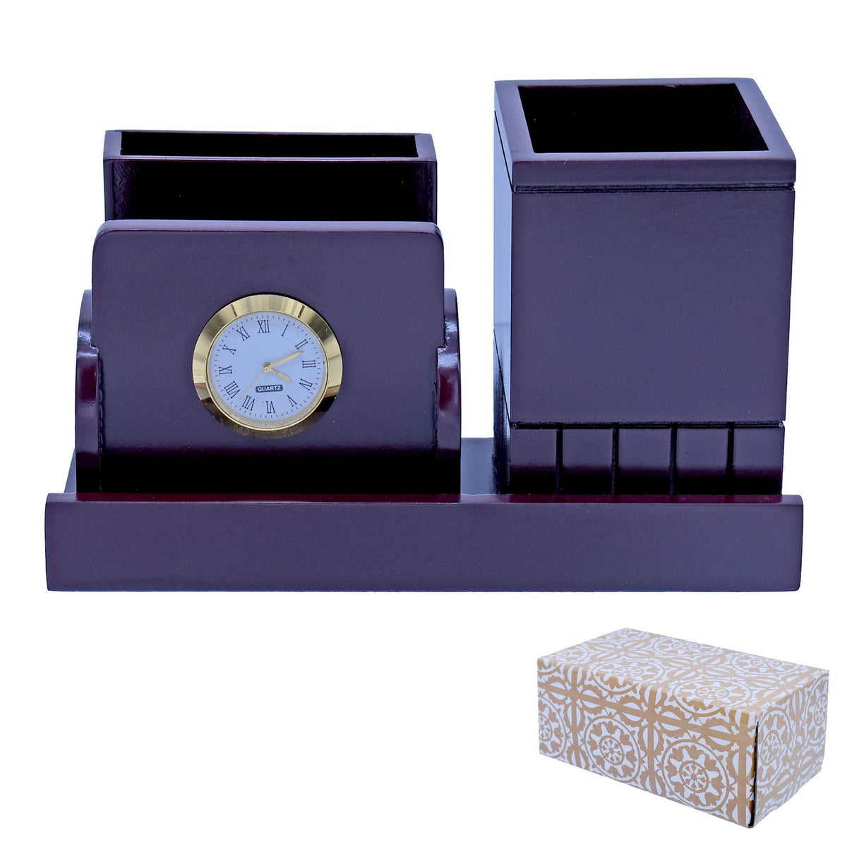 Wooden Pen Stand With Clock 18 cm view 2