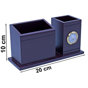 Wooden Pen Stand With Clock 20 cm