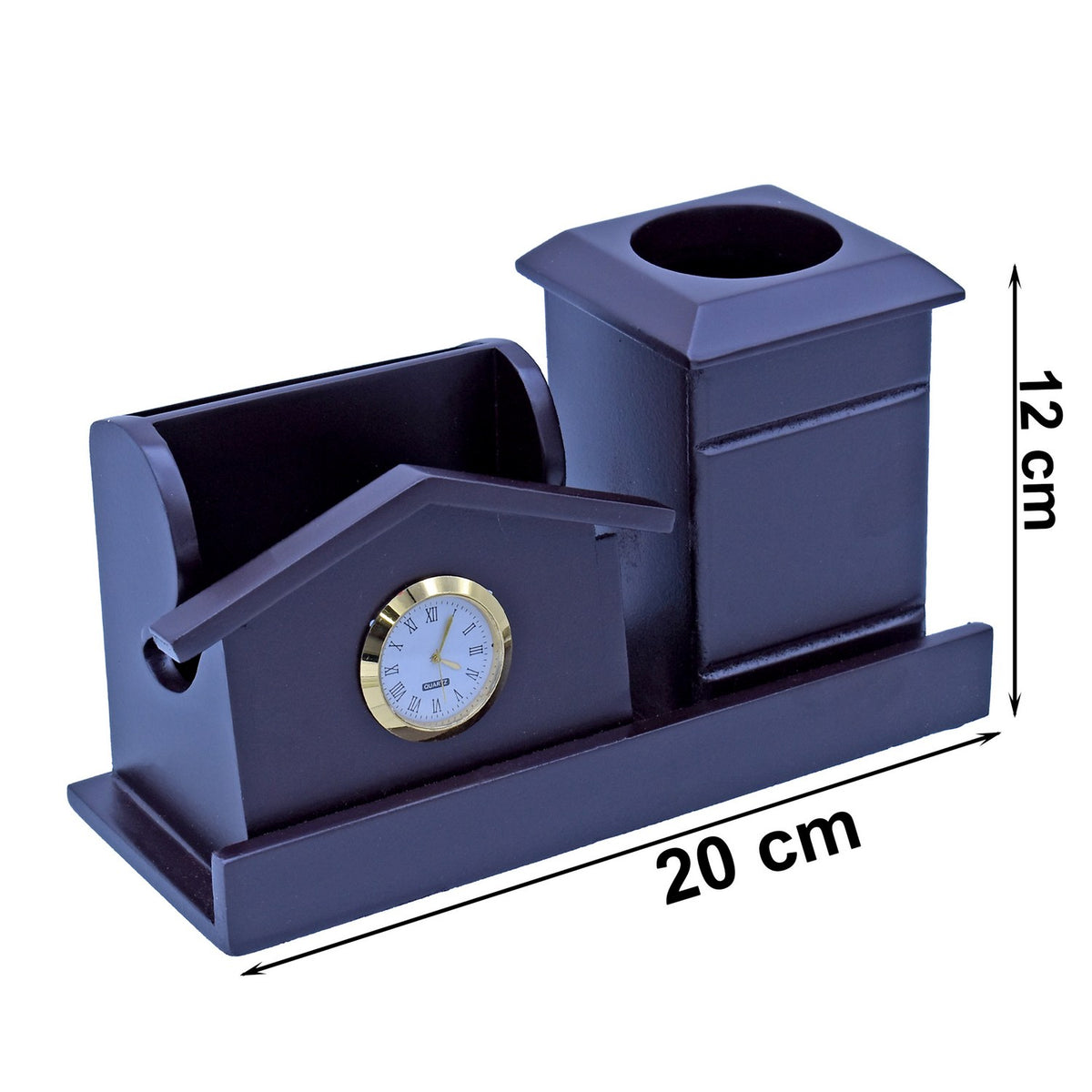 Wooden Pen Stand With Clock and Card Holder 20 cm