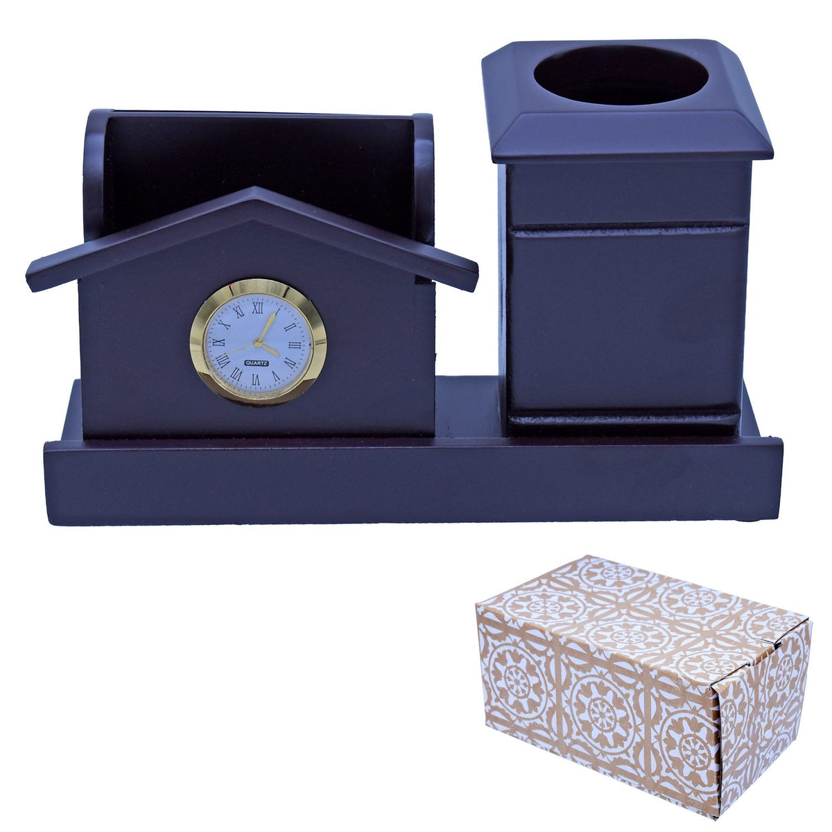 Wooden Pen Stand With Clock and Card Holder 20 cm view 2