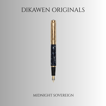DIKAWEN ORIGINALS – "Midnight Sovereign" Premium Fountain Pen | Engraved Golden Cap | Marbled Barrel | Medium Nib