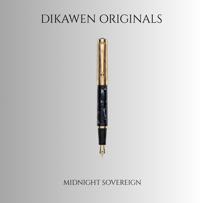DIKAWEN ORIGINALS – "Midnight Sovereign" Premium Fountain Pen | Engraved Golden Cap | Marbled Barrel | Medium Nib
