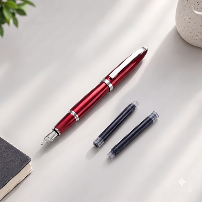Baoke Fountain Pen Gift Set with 2 Ink Cartridges – Metallic Finish with Silver Clip