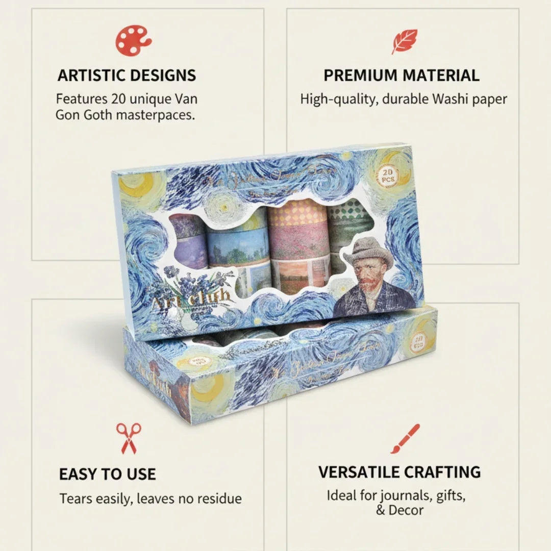 Premium Van Gogh Edition Washi Tape | Pack of 20 Rolls | Decorative Masking Tapes