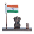 Metal Ashoka Stambh With Flag Pen Holder Copper