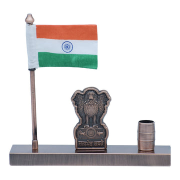 Metal Ashoka Stambh With Flag Pen Holder Copper